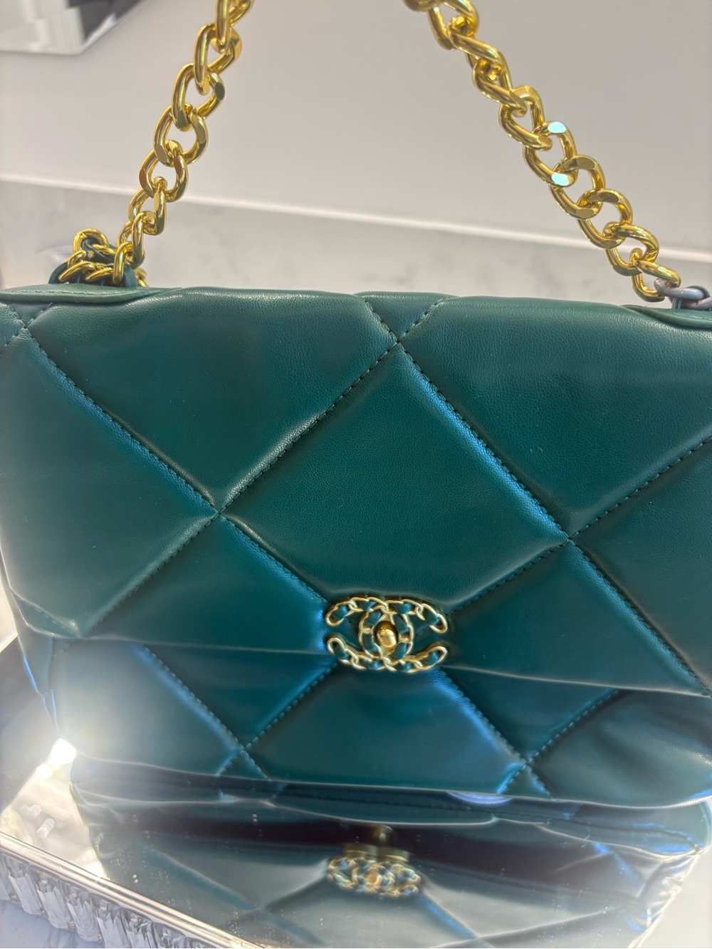 Quilted Shoulder Bag in Green with Gold Hardware
